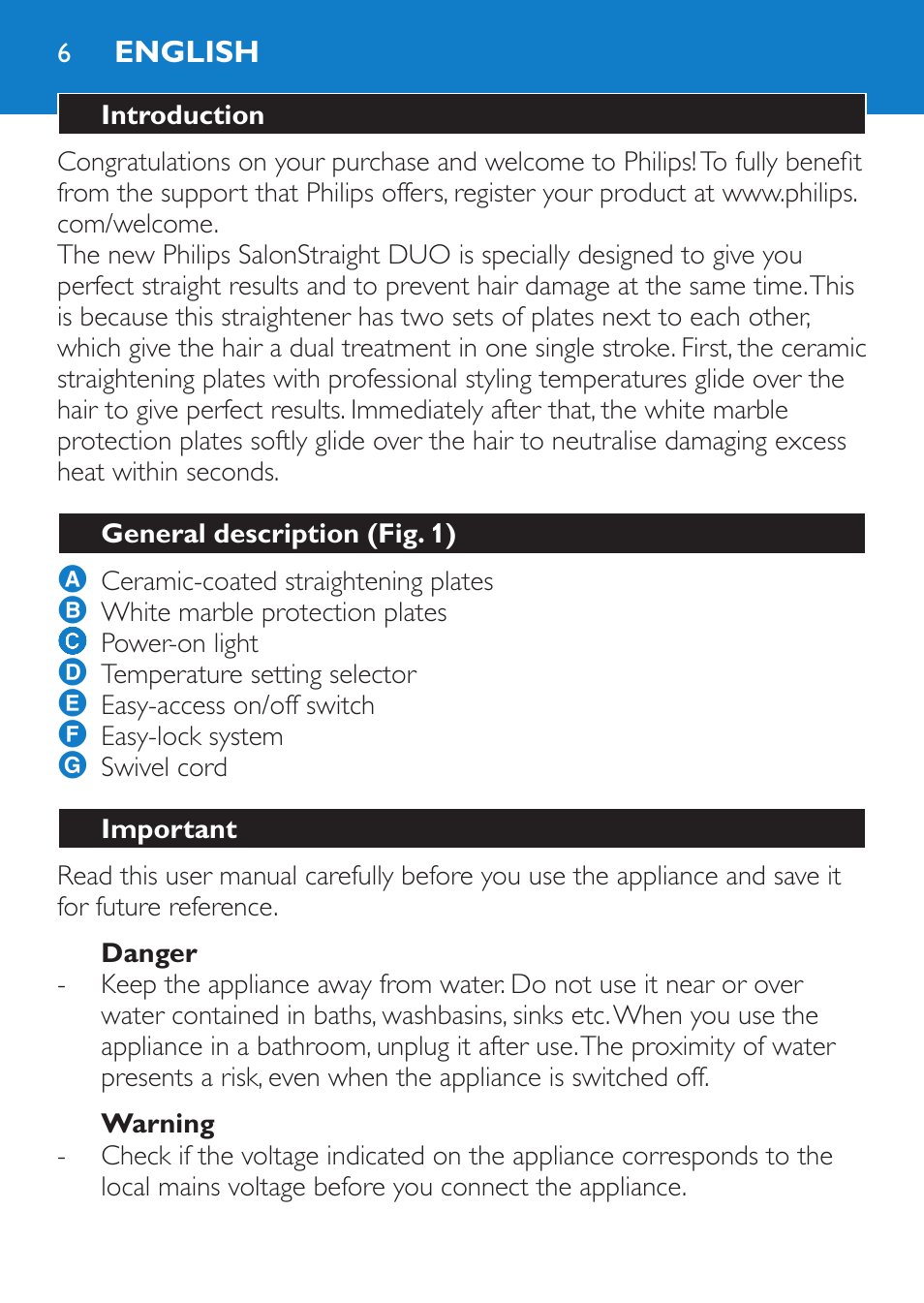 English, Introduction, General description (fig. 1) | Important, Danger, Warning | Philips SalonStraight DUO Lisseur User Manual | Page 6 / 96