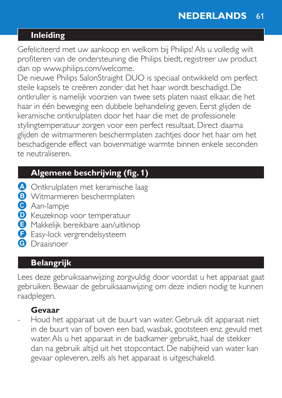 Gevaar, Nederlands, Inleiding | Algemene beschrijving (fig. 1), Belangrijk | Philips SalonStraight DUO Lisseur User Manual | Page 61 / 96