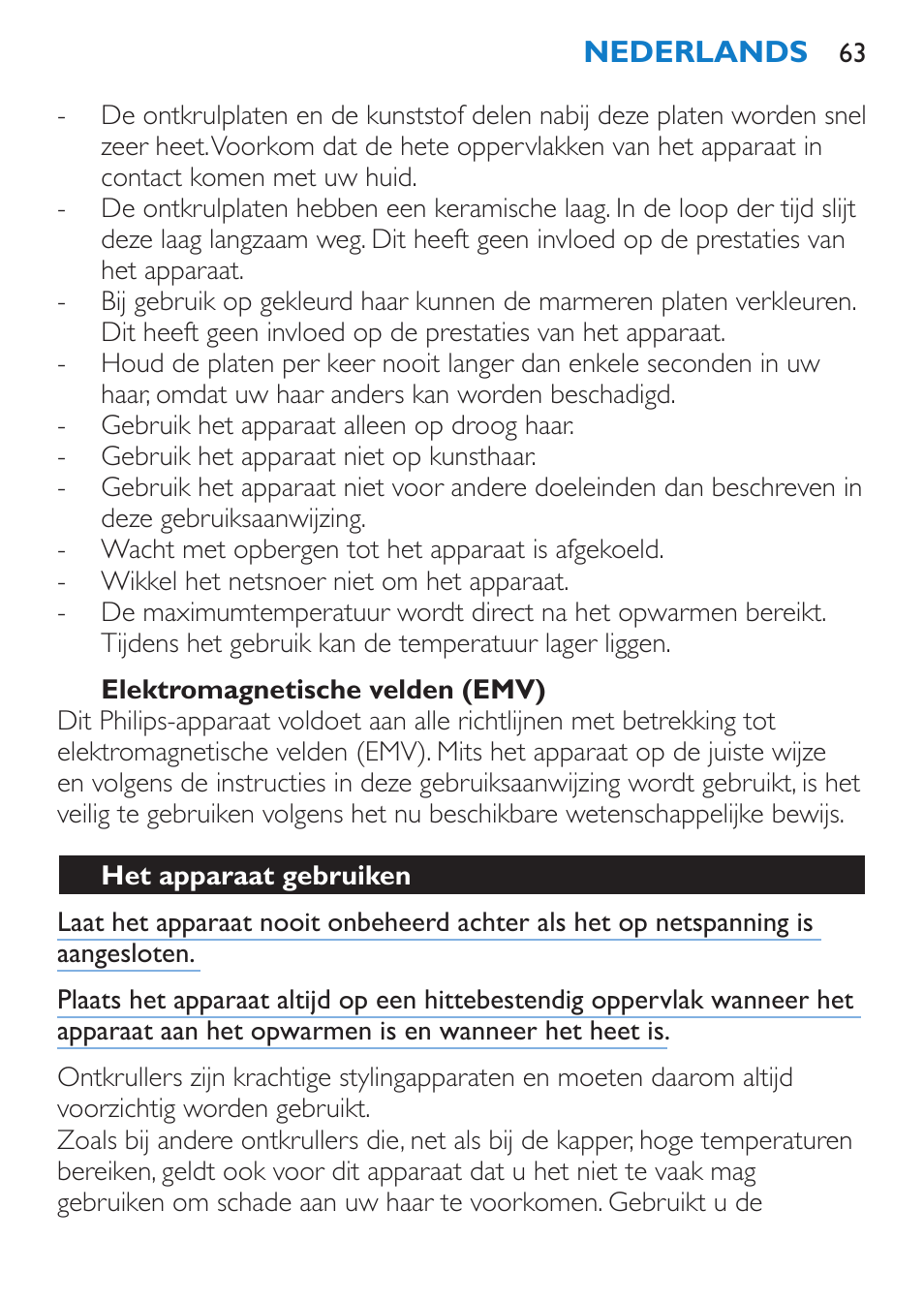 Elektromagnetische velden (emv), Het apparaat gebruiken | Philips SalonStraight DUO Lisseur User Manual | Page 63 / 96