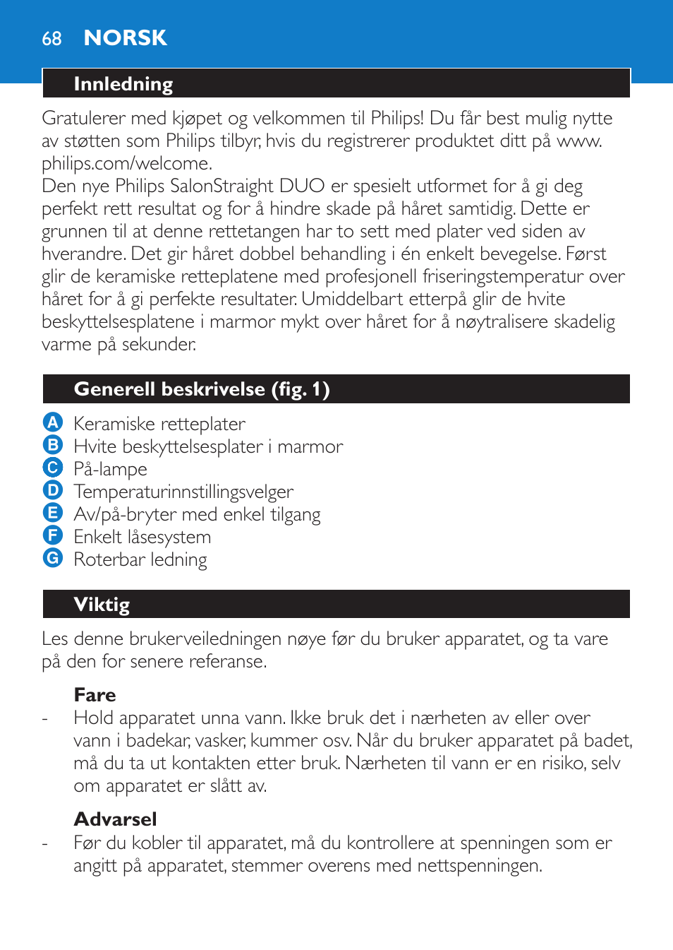 Fare, Advarsel, Norsk | Innledning, Generell beskrivelse (fig. 1), Viktig | Philips SalonStraight DUO Lisseur User Manual | Page 68 / 96