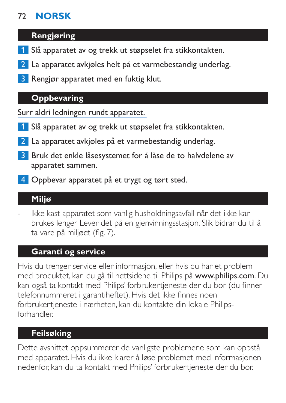 Rengjøring, Oppbevaring, Miljø | Garanti og service, Feilsøking | Philips SalonStraight DUO Lisseur User Manual | Page 72 / 96