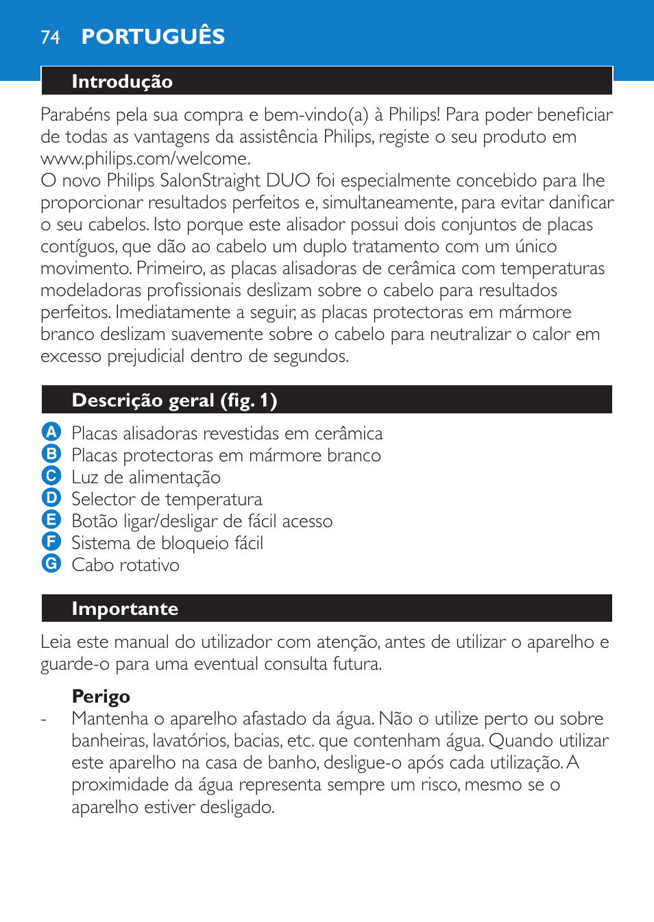 Perigo, Português, Introdução | Descrição geral (fig. 1), Importante | Philips SalonStraight DUO Lisseur User Manual | Page 74 / 96