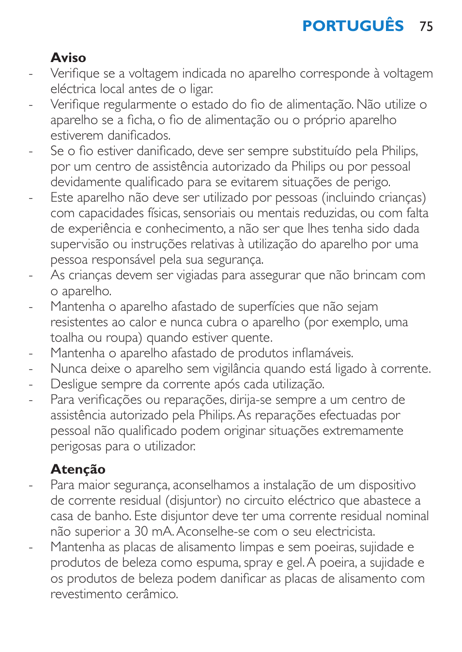 Aviso, Atenção | Philips SalonStraight DUO Lisseur User Manual | Page 75 / 96