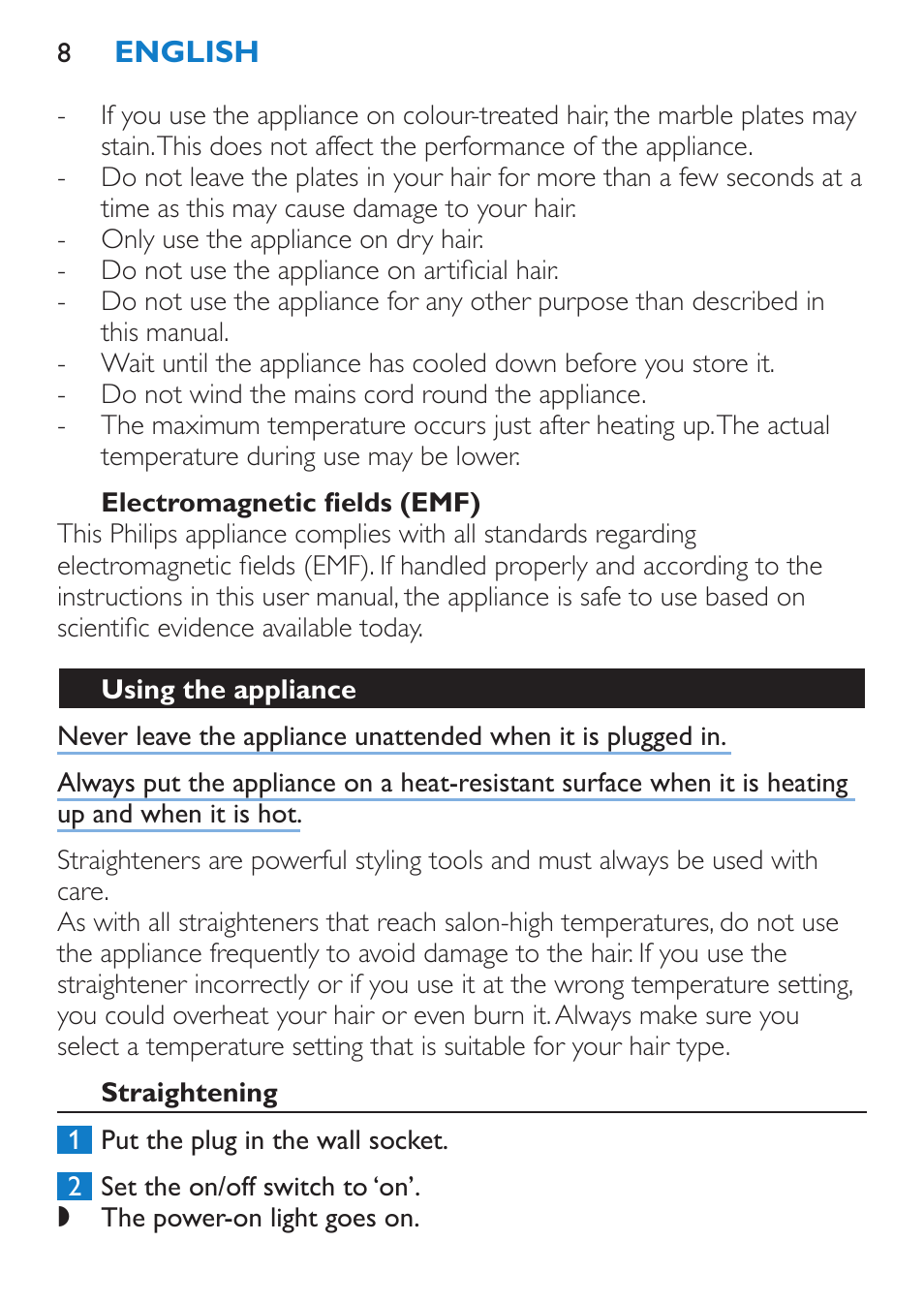 Electromagnetic fields (emf), Using the appliance, Straightening | Philips SalonStraight DUO Lisseur User Manual | Page 8 / 96