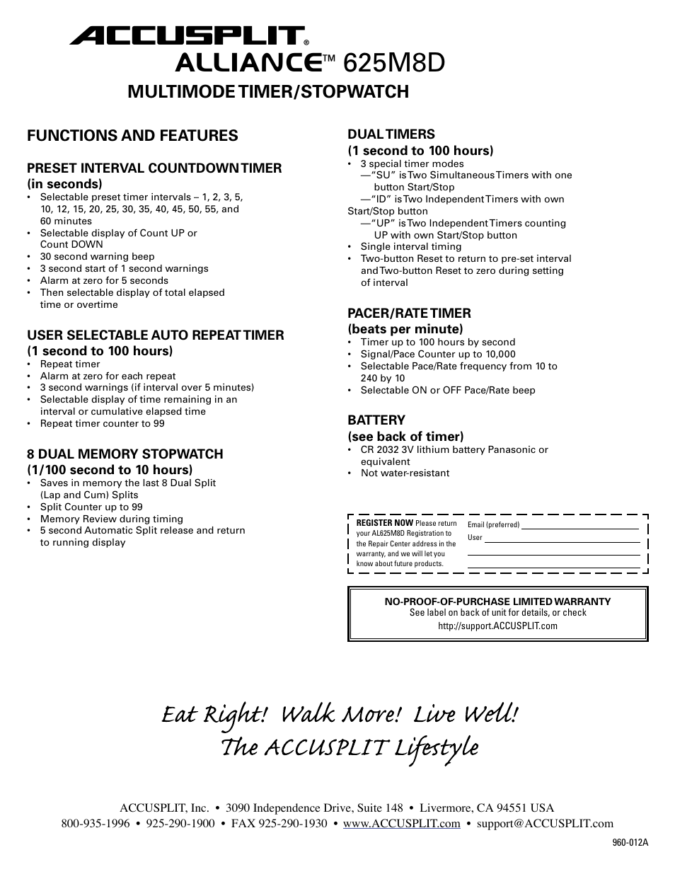 Accusplit® alliance, 625m8d, Multimode timer/stopwatch | Functions and features | Accusplit 625M8D User Manual | Page 2 / 2