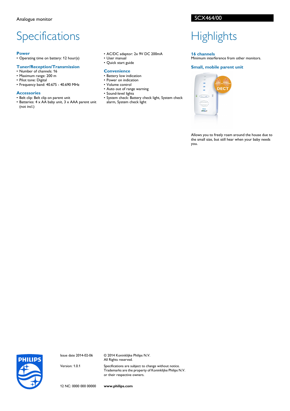 Specifications, Highlights | Philips Écoute-bébé analogique User Manual | Page 2 / 2