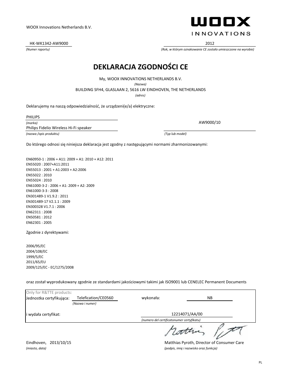 Deklaracja zgodności ce | Philips Fidelio Enceintes Hi-Fi sans fil A9 User Manual | Page 11 / 21