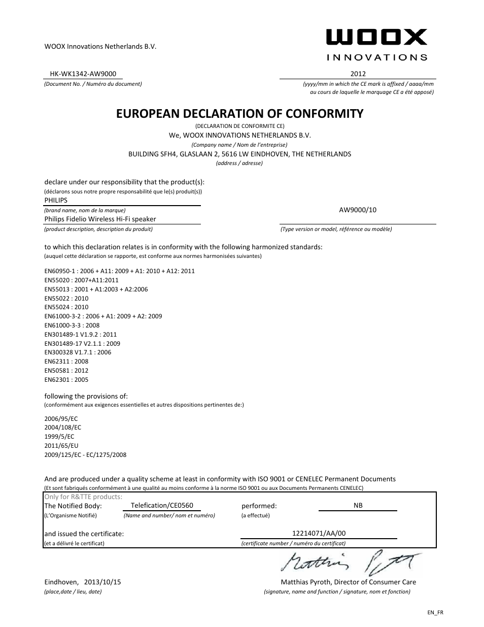 European declaration of conformity | Philips Fidelio Enceintes Hi-Fi sans fil A9 User Manual | Page 2 / 21