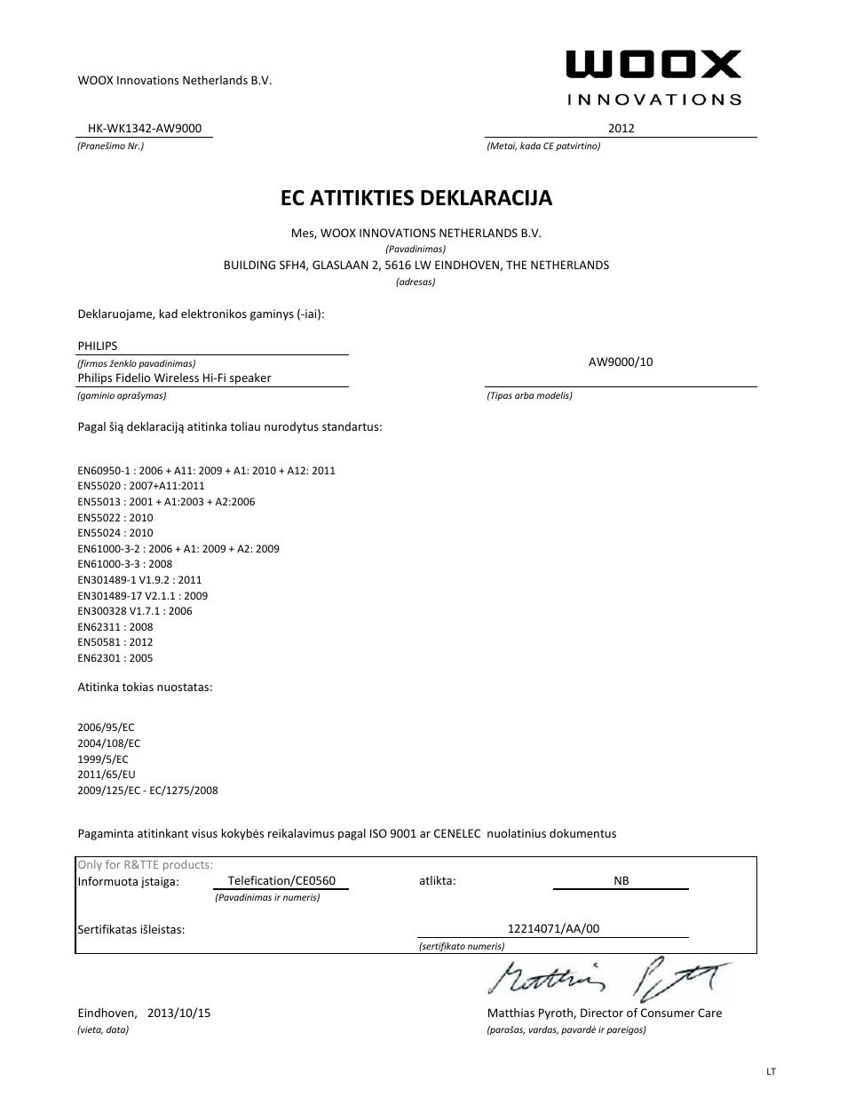 Ec atitikties deklaracija | Philips Fidelio Enceintes Hi-Fi sans fil A9 User Manual | Page 20 / 21