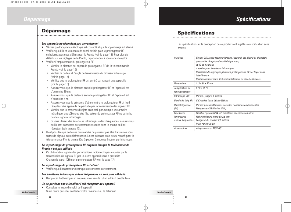 Spécifications, Dépannage | Philips Relais RF User Manual | Page 11 / 26