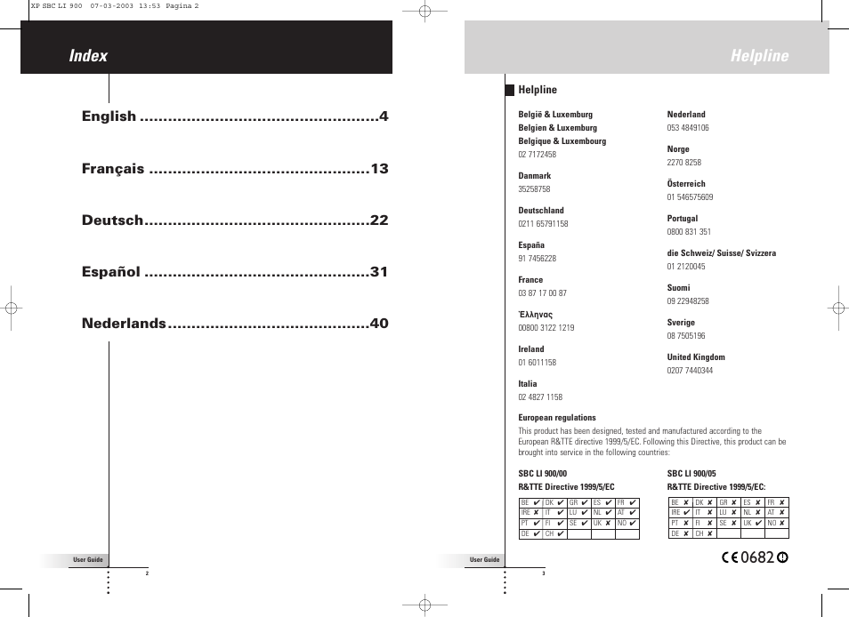 0682 helpline, Index, English français deutsch español nederlands | Philips Relais RF User Manual | Page 2 / 26