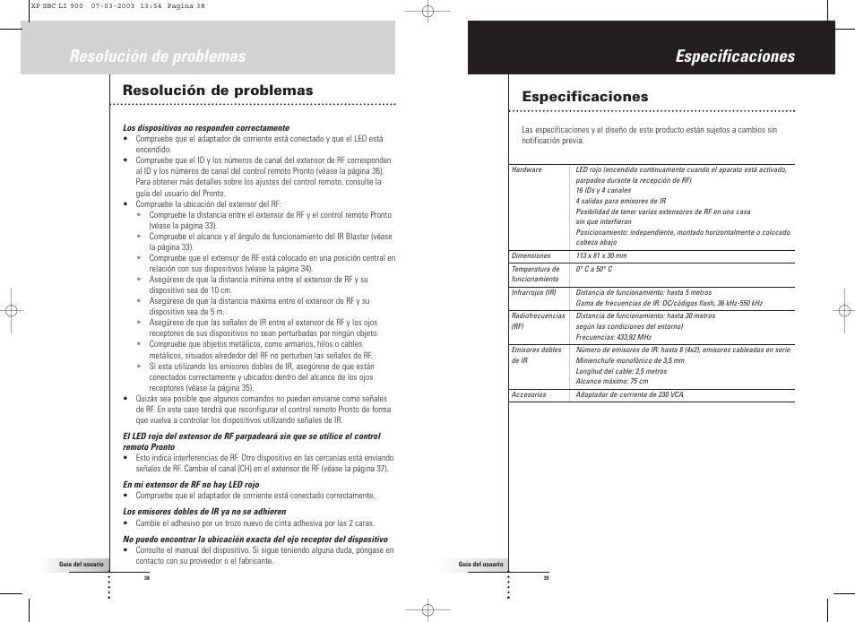 Especificaciones, Resolución de problemas | Philips Relais RF User Manual | Page 20 / 26