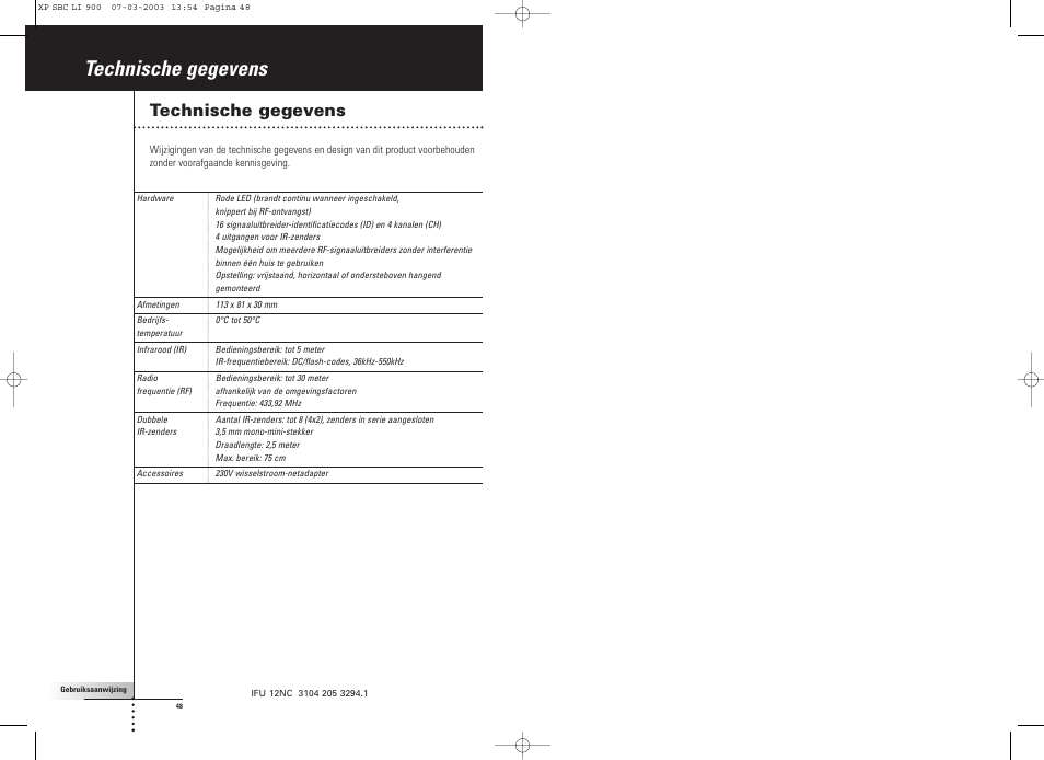 Technische gegevens | Philips Relais RF User Manual | Page 25 / 26