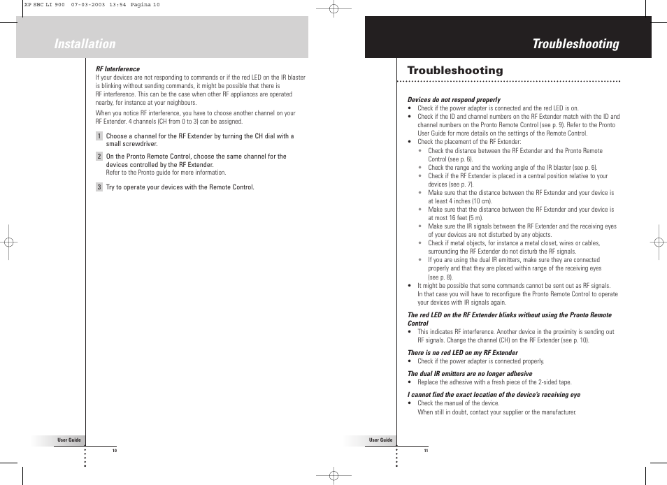 Installation troubleshooting, Troubleshooting | Philips Relais RF User Manual | Page 6 / 26