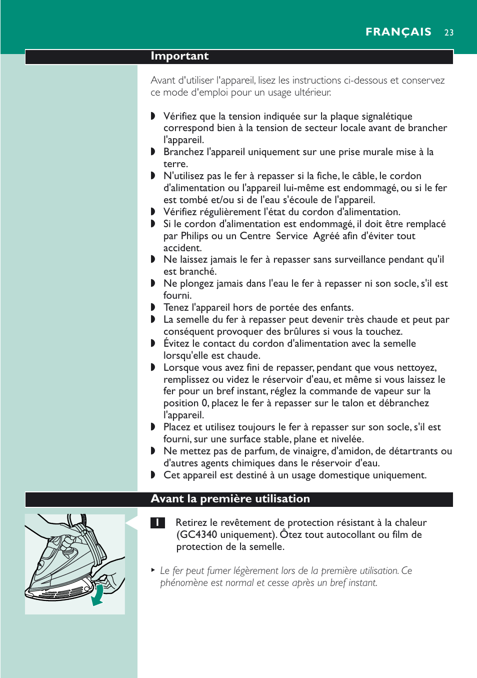 Français 23 | Philips Fer vapeur User Manual | Page 23 / 52