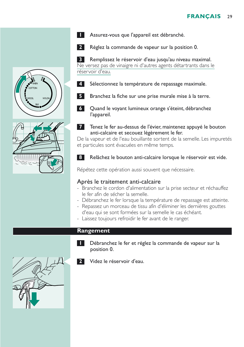 Après le traitement anti-calcaire | Philips Fer vapeur User Manual | Page 29 / 52