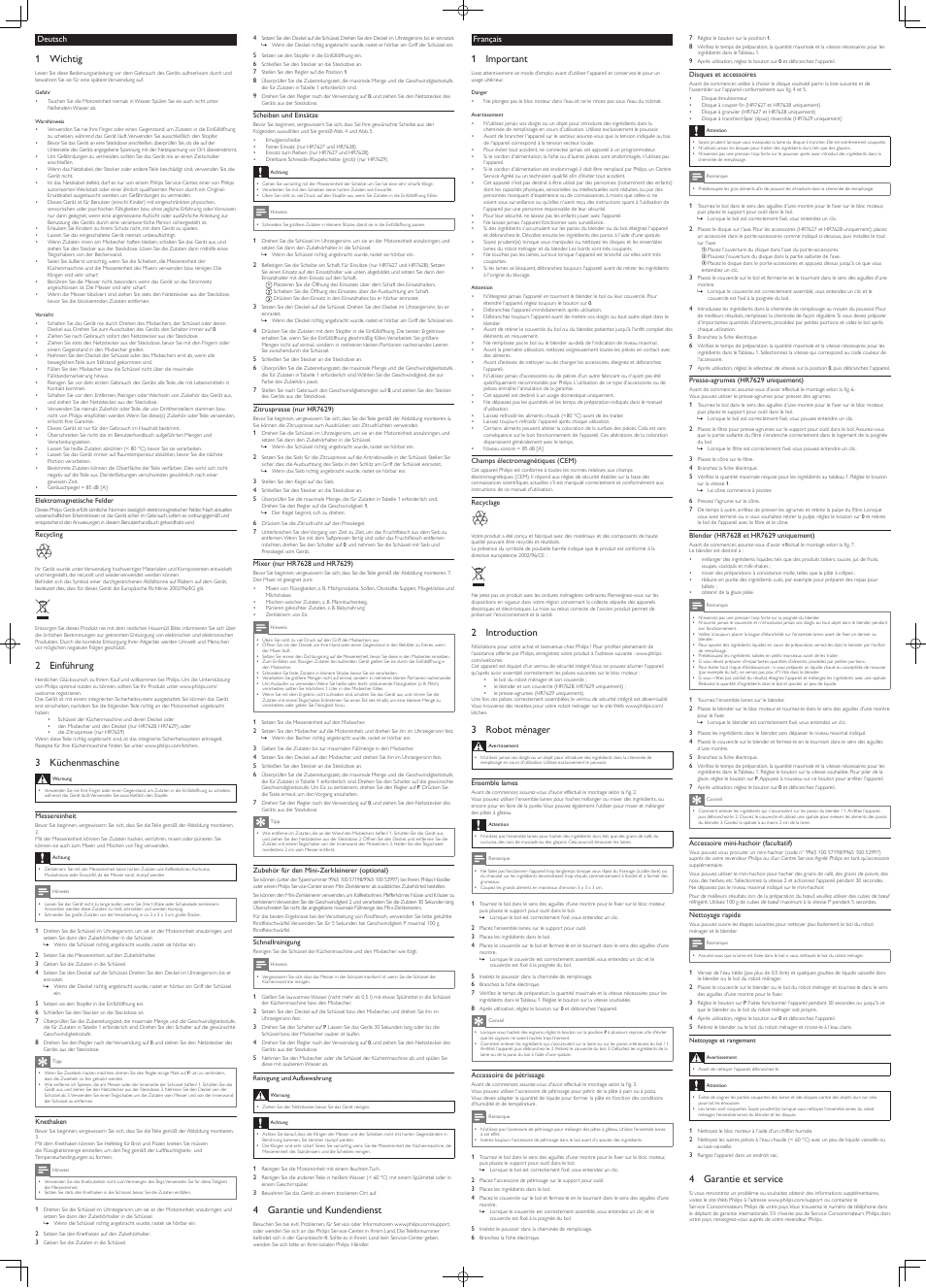 1 wichtig, 2 einführung, 3 küchenmaschine | 4 garantie und kundendienst, 1 important, 2 introduction, 3 robot ménager, 4 garantie et service, Deutsch, Français | Philips Daily Collection Robot de cuisine User Manual | Page 2 / 4