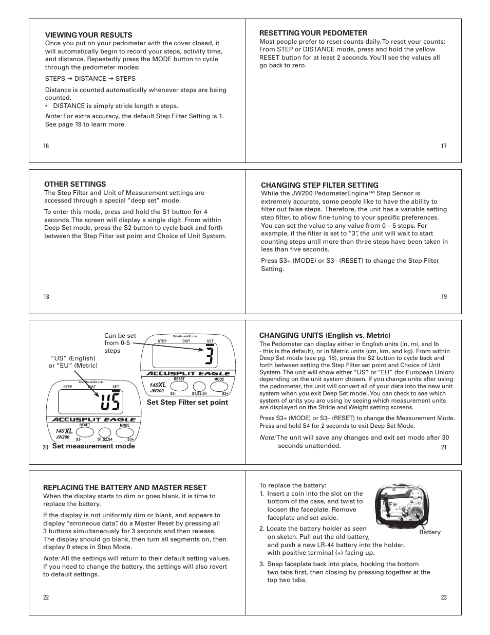 Viewing your results, Resetting your pedometer, Other settings | Changing step filter setting, Changing units (english vs. metric), Replacing the battery and master reset, Set step filter set point, Set measurement mode | Accusplit Eagle AE140XL User Manual | Page 3 / 4