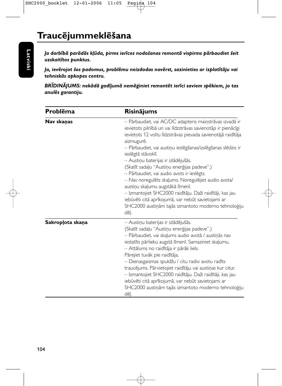 Traucējummeklēšana | Philips Casque hi-fi sans fil User Manual | Page 104 / 114