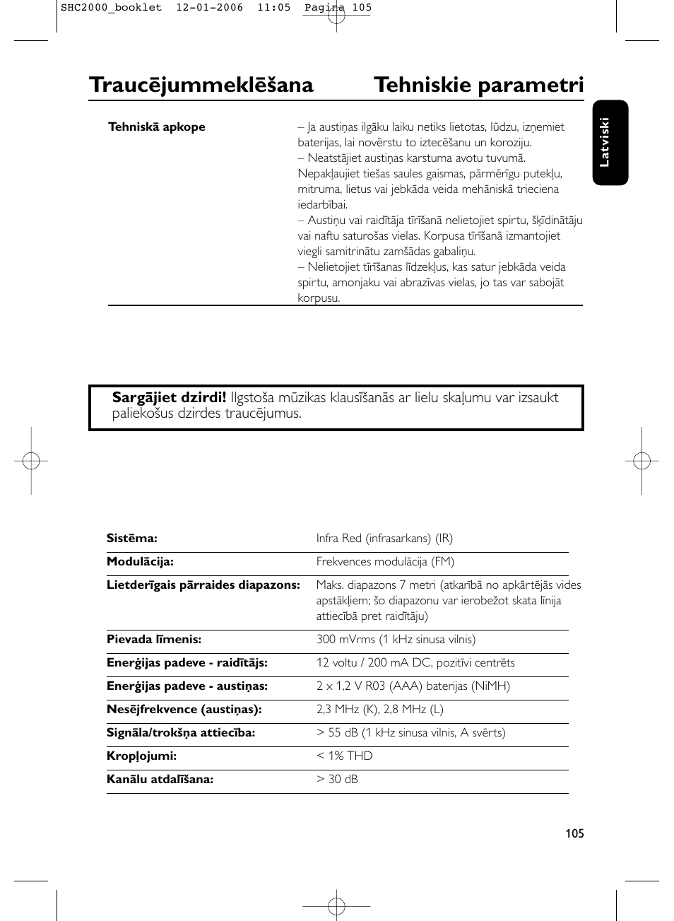 Traucējummeklēšana tehniskie parametri | Philips Casque hi-fi sans fil User Manual | Page 105 / 114