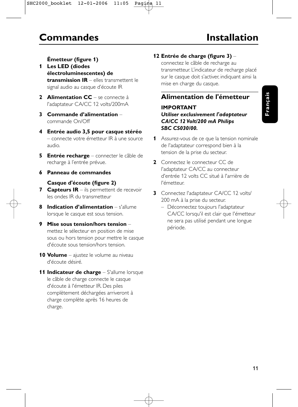 Commandes installation | Philips Casque hi-fi sans fil User Manual | Page 11 / 114