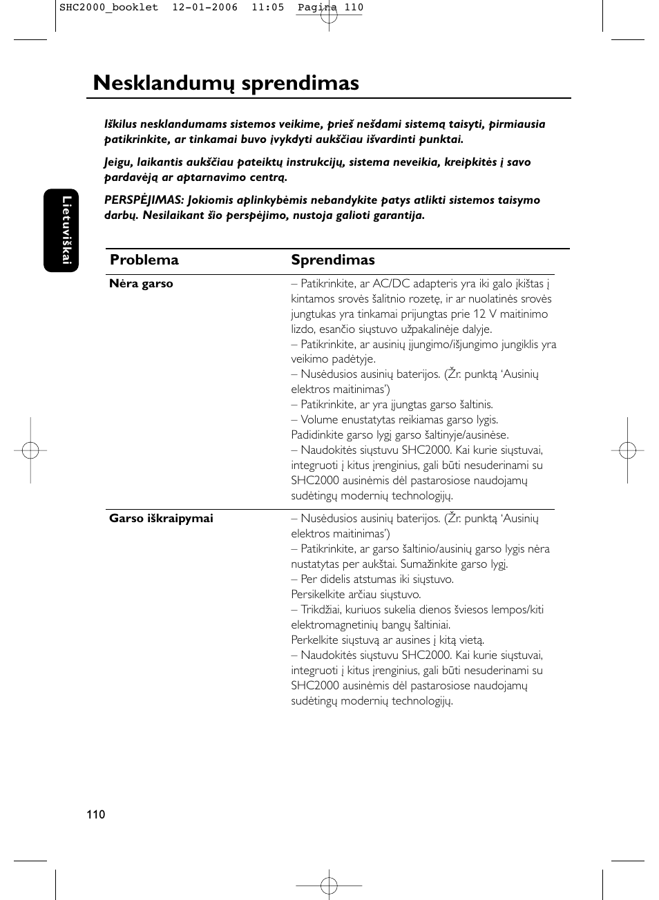 Nesklandumų sprendimas | Philips Casque hi-fi sans fil User Manual | Page 110 / 114