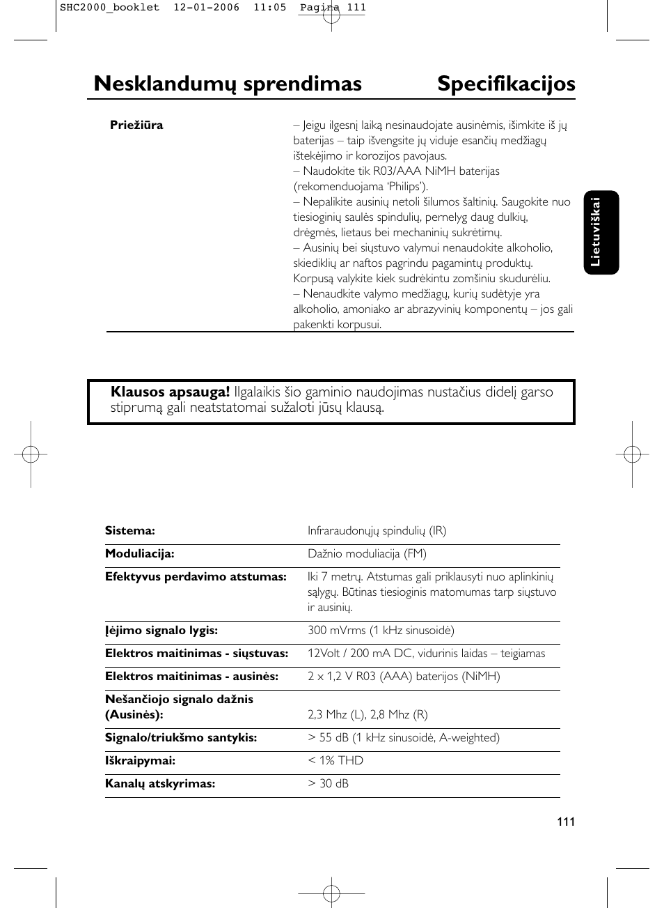 Nesklandumų sprendimas specifikacijos | Philips Casque hi-fi sans fil User Manual | Page 111 / 114