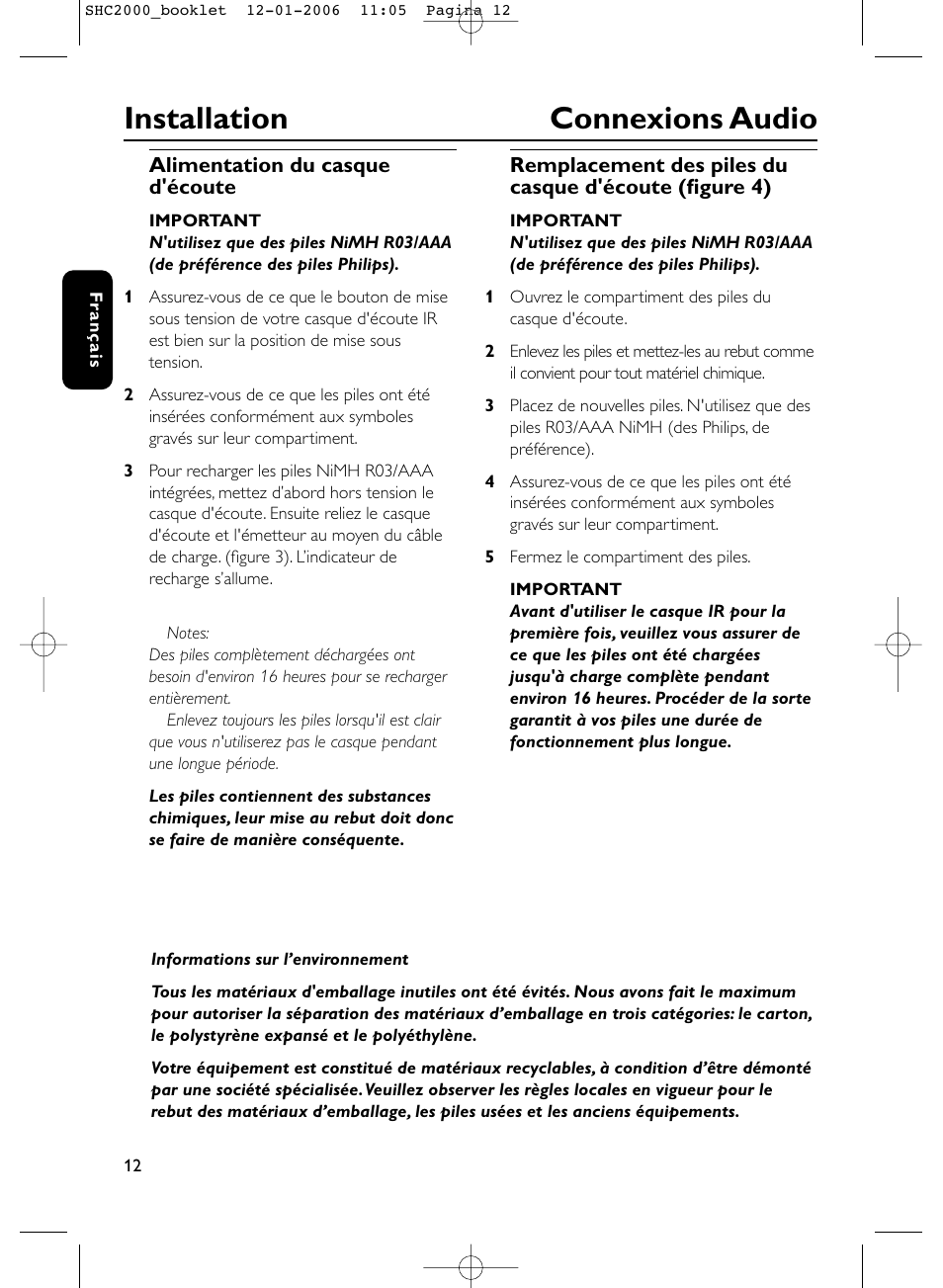 Installation connexions audio | Philips Casque hi-fi sans fil User Manual | Page 12 / 114