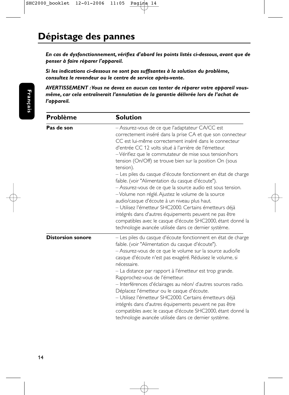 Dépistage des pannes | Philips Casque hi-fi sans fil User Manual | Page 14 / 114