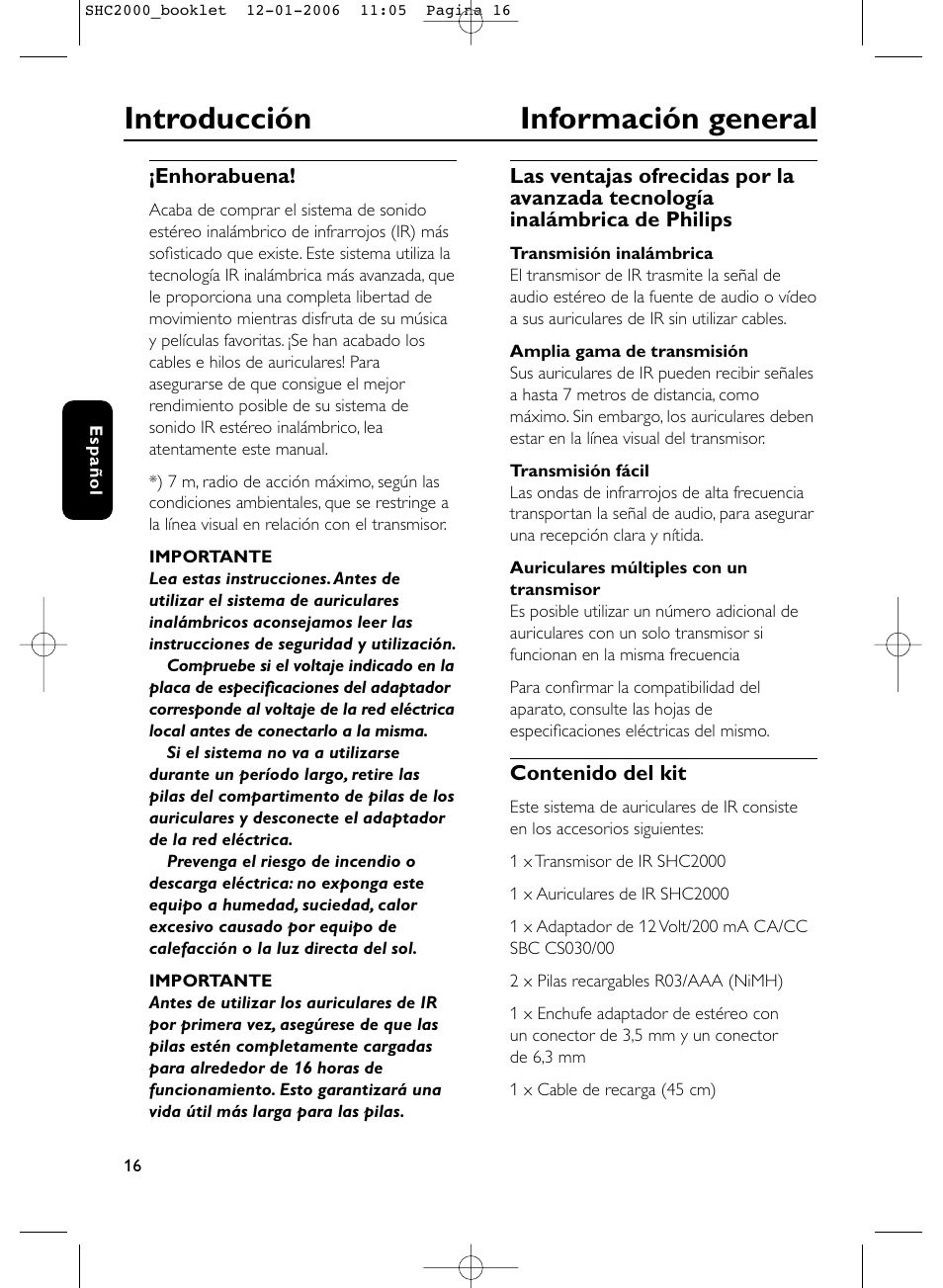 Introducción información general | Philips Casque hi-fi sans fil User Manual | Page 16 / 114