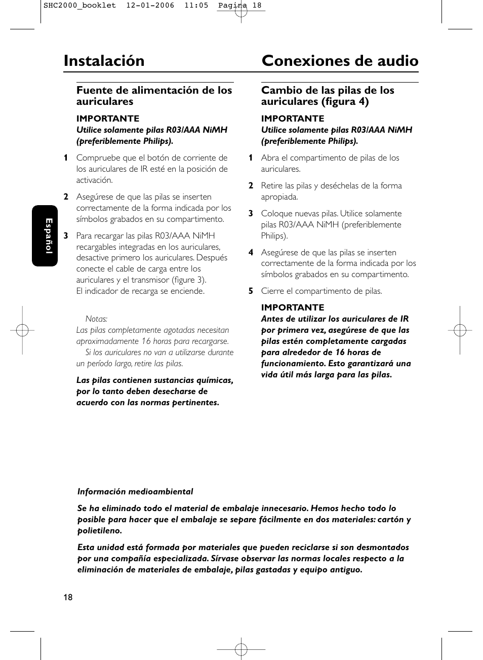 Instalación conexiones de audio | Philips Casque hi-fi sans fil User Manual | Page 18 / 114