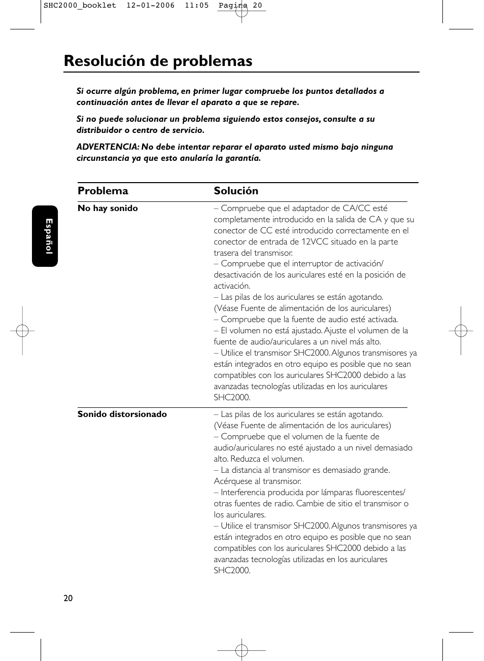 Resolución de problemas | Philips Casque hi-fi sans fil User Manual | Page 20 / 114