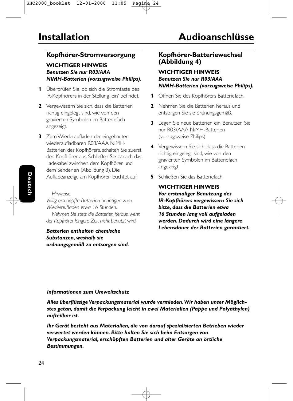 Installation audioanschlüsse | Philips Casque hi-fi sans fil User Manual | Page 24 / 114