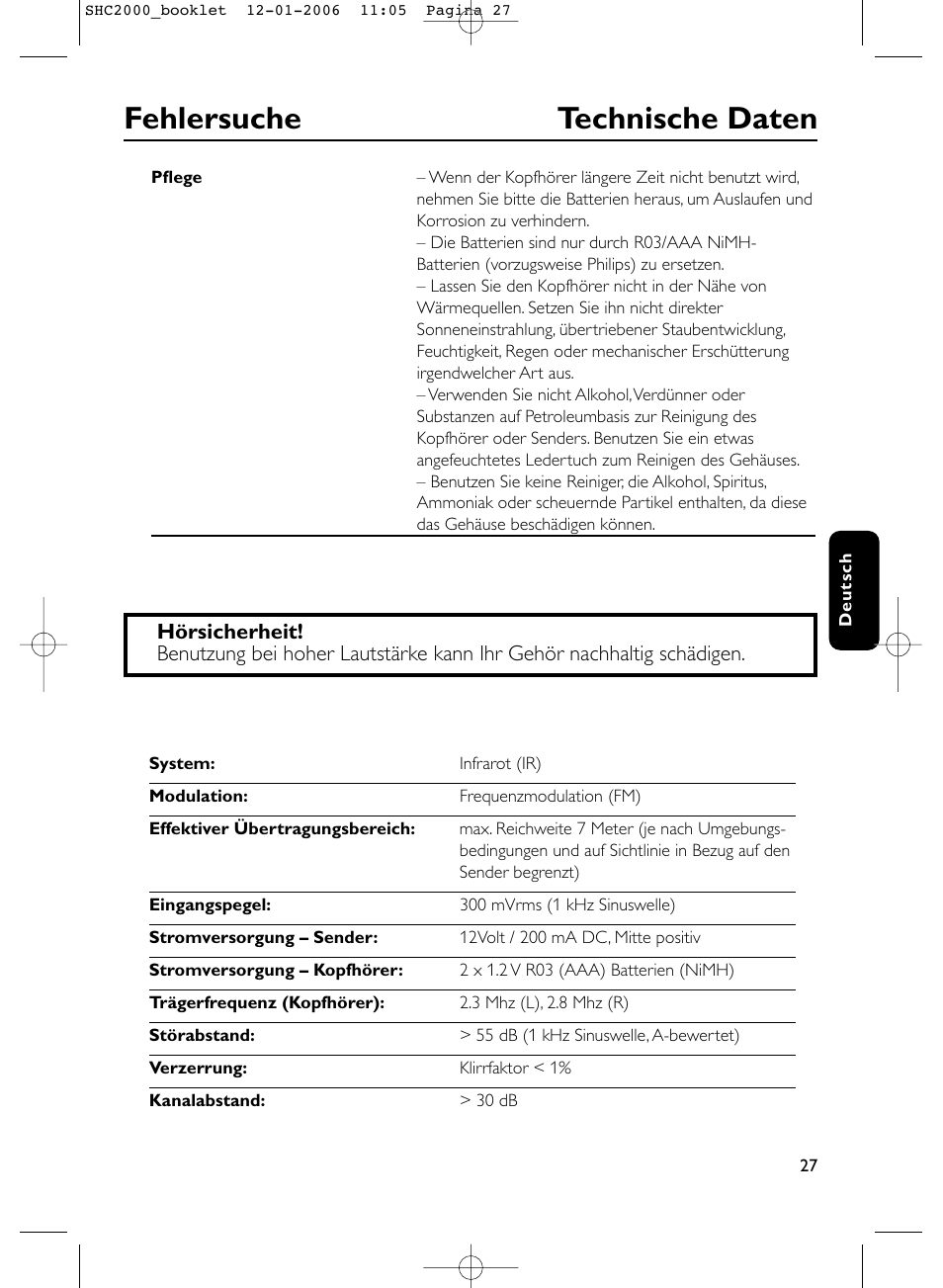 Fehlersuche technische daten | Philips Casque hi-fi sans fil User Manual | Page 27 / 114