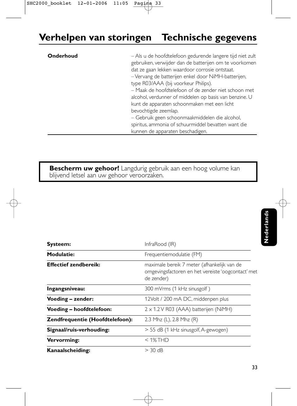 Verhelpen van storingen technische gegevens | Philips Casque hi-fi sans fil User Manual | Page 33 / 114