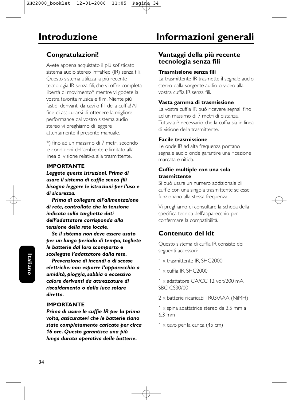 Introduzione informazioni generali | Philips Casque hi-fi sans fil User Manual | Page 34 / 114