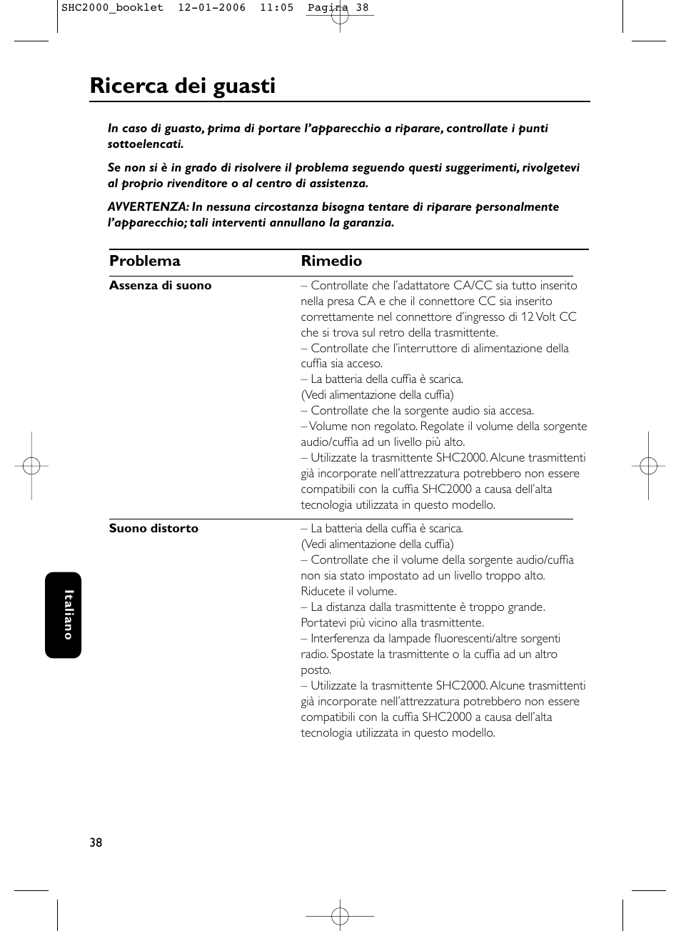 Ricerca dei guasti | Philips Casque hi-fi sans fil User Manual | Page 38 / 114