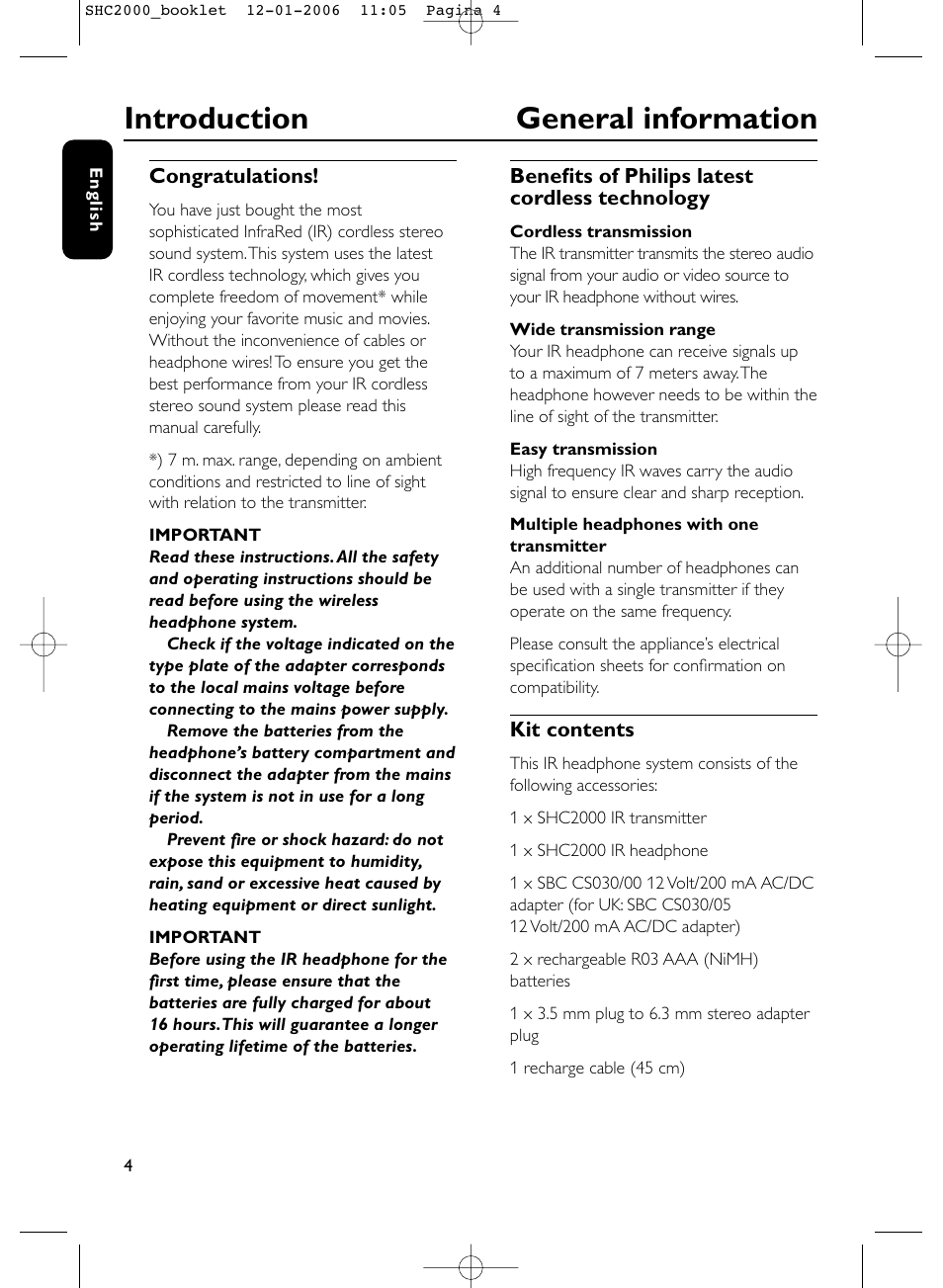 Introduction general information | Philips Casque hi-fi sans fil User Manual | Page 4 / 114