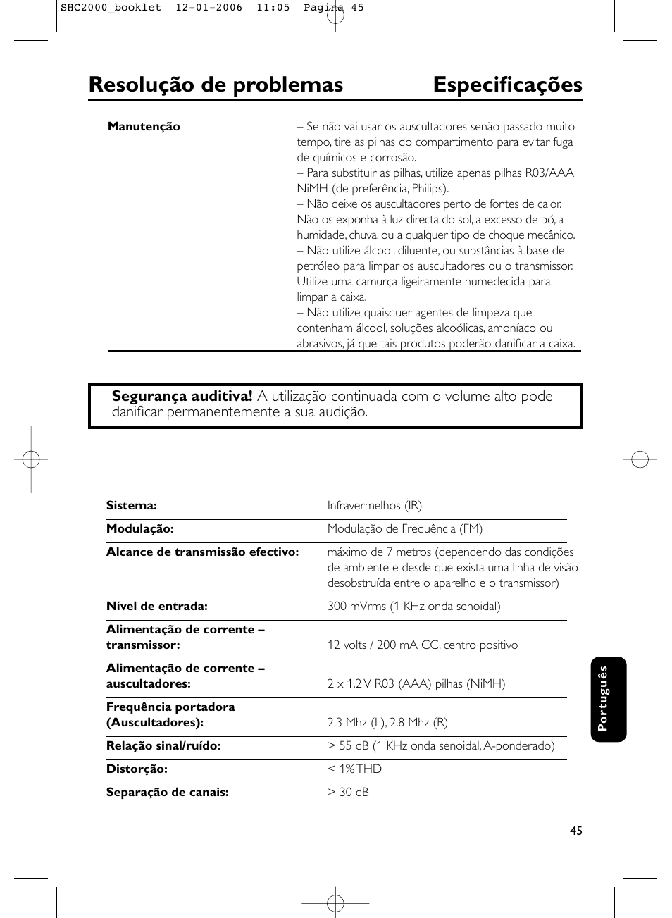 Resolução de problemas especificações | Philips Casque hi-fi sans fil User Manual | Page 45 / 114