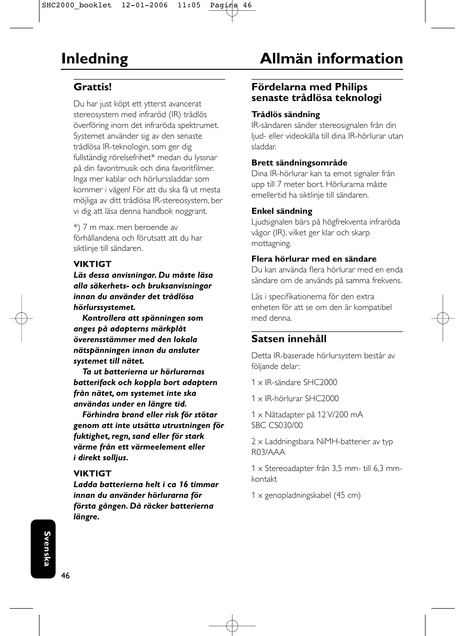 Inledning allmän information | Philips Casque hi-fi sans fil User Manual | Page 46 / 114