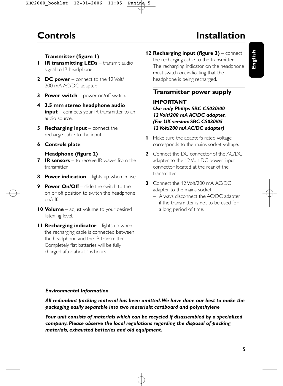 Controls installation | Philips Casque hi-fi sans fil User Manual | Page 5 / 114