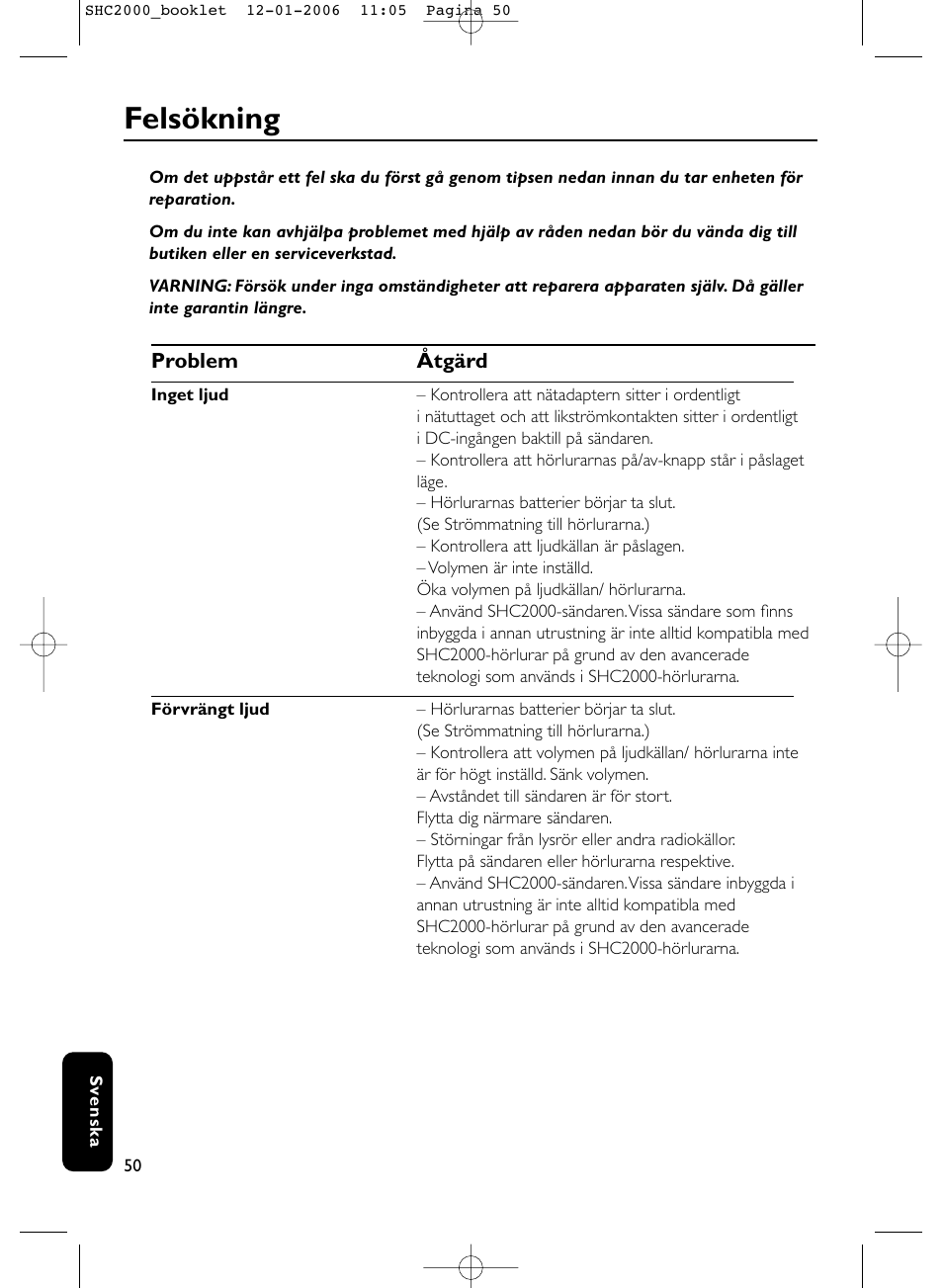 Felsökning | Philips Casque hi-fi sans fil User Manual | Page 50 / 114