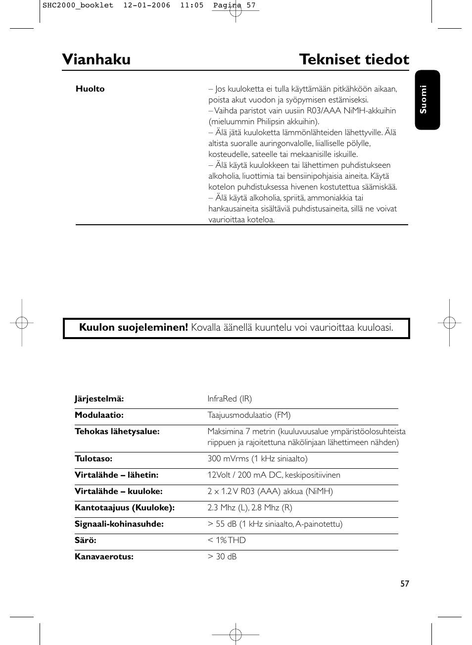 Vianhaku tekniset tiedot | Philips Casque hi-fi sans fil User Manual | Page 57 / 114