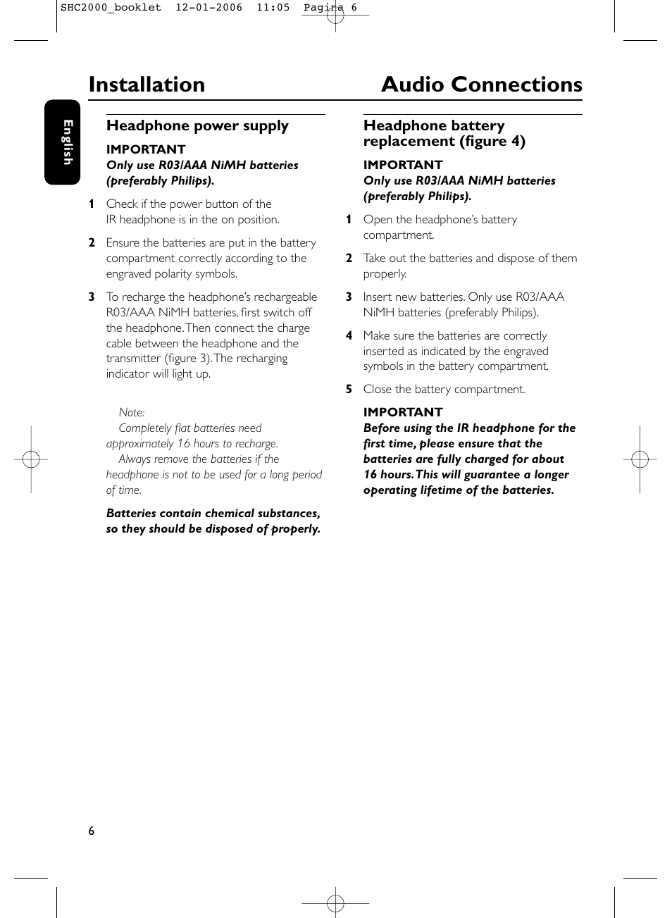 Installation audio connections | Philips Casque hi-fi sans fil User Manual | Page 6 / 114