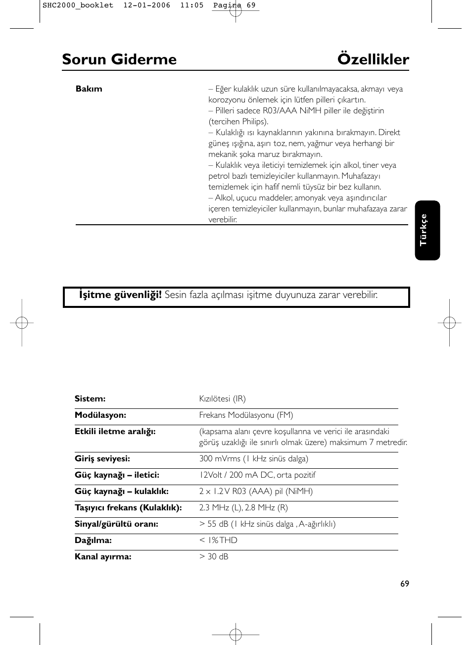 Sorun giderme özellikler | Philips Casque hi-fi sans fil User Manual | Page 69 / 114
