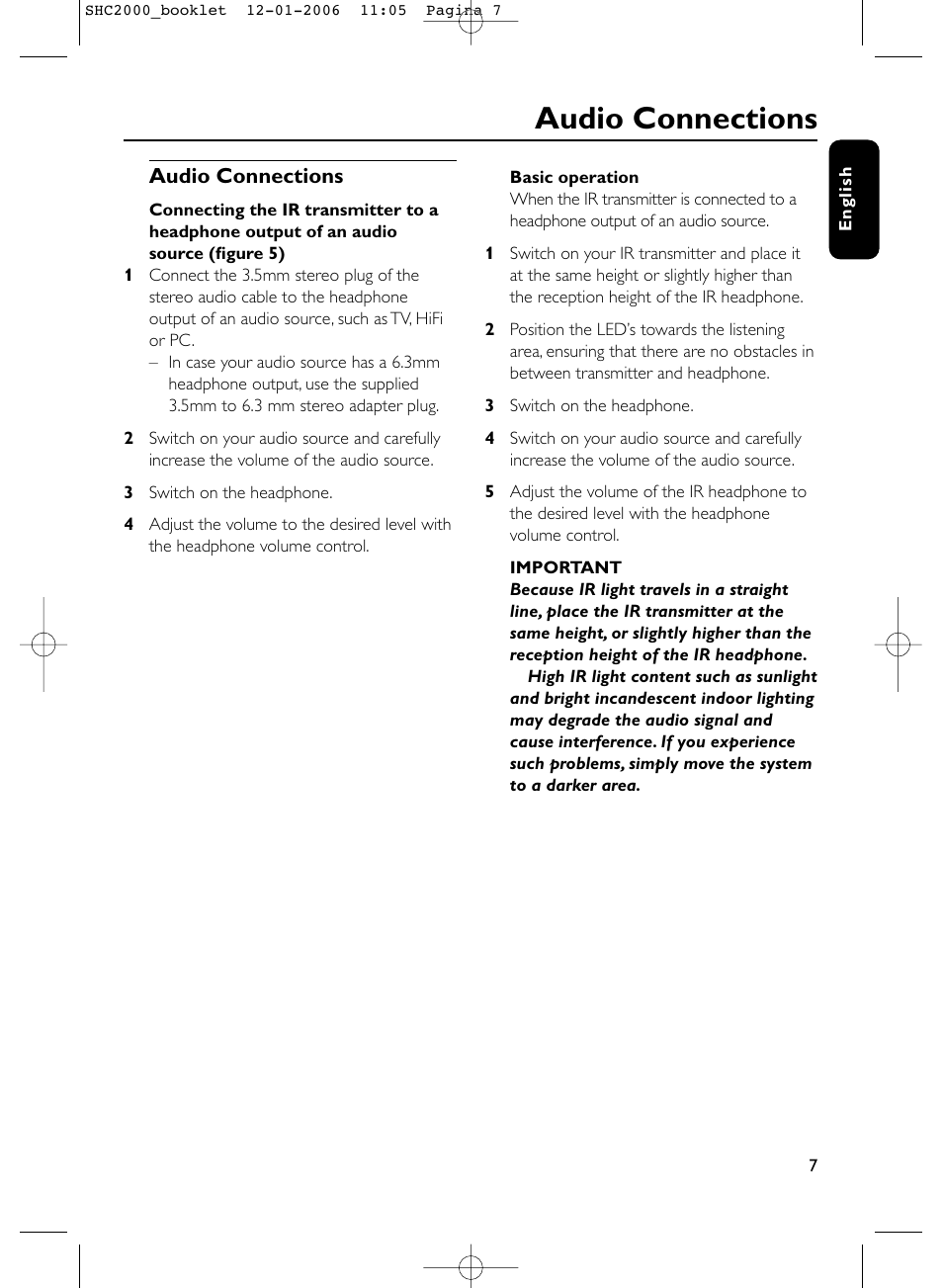 Audio connections | Philips Casque hi-fi sans fil User Manual | Page 7 / 114