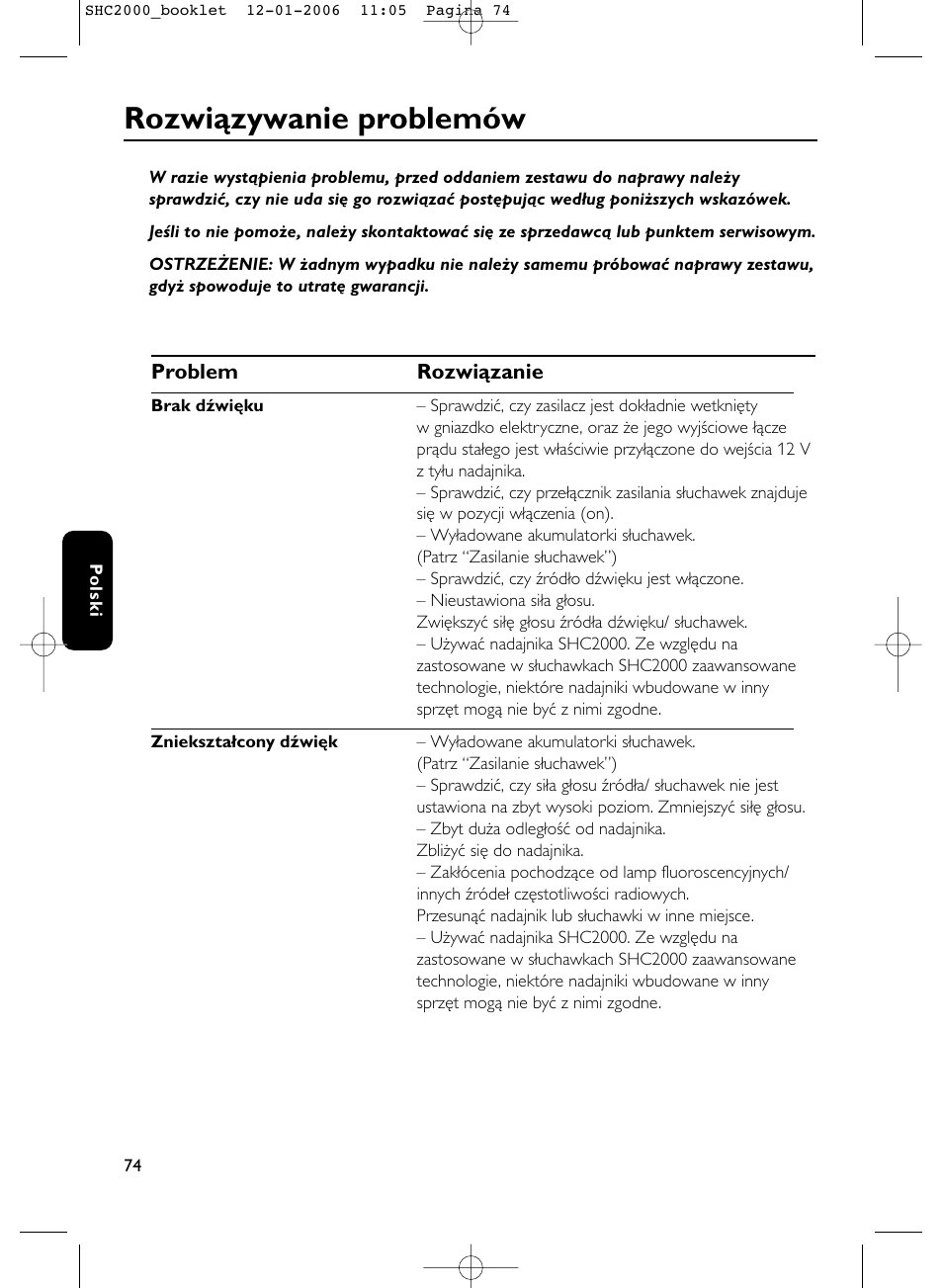 Rozwiązywanie problemów | Philips Casque hi-fi sans fil User Manual | Page 74 / 114