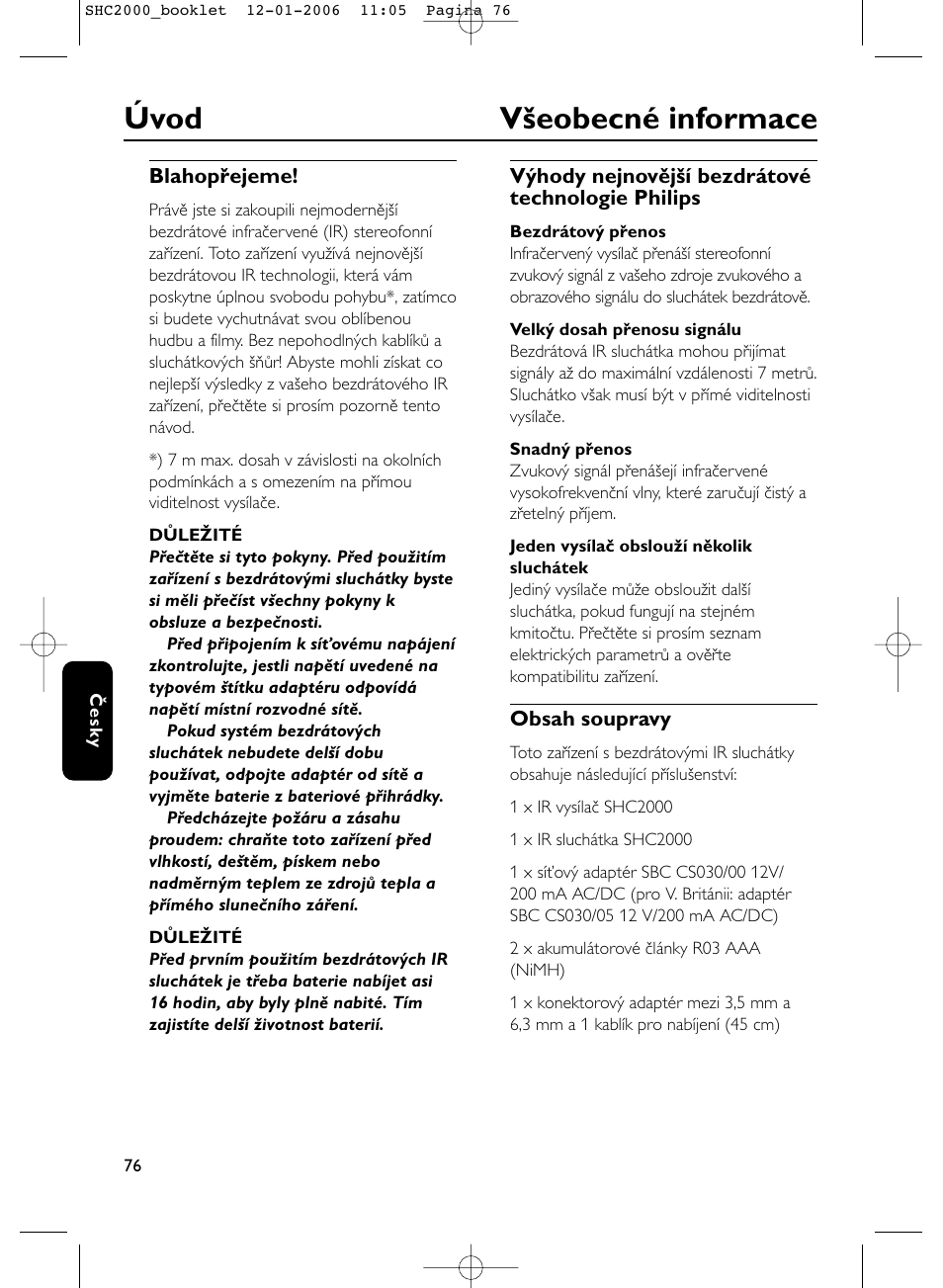 Úvod všeobecné informace | Philips Casque hi-fi sans fil User Manual | Page 76 / 114