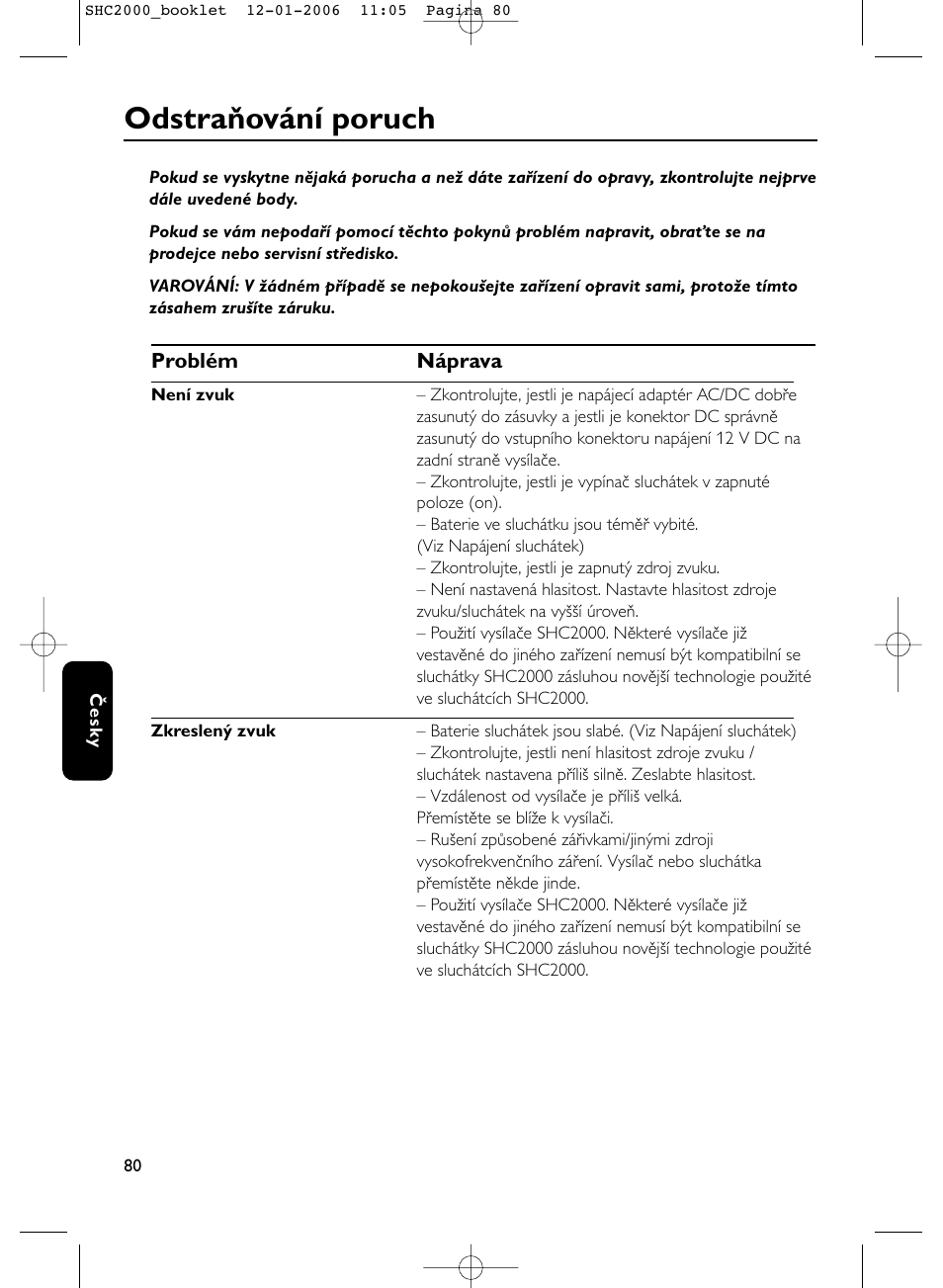 Odstraňování poruch | Philips Casque hi-fi sans fil User Manual | Page 80 / 114