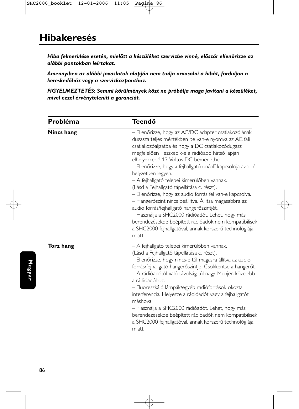 Hibakeresés | Philips Casque hi-fi sans fil User Manual | Page 86 / 114